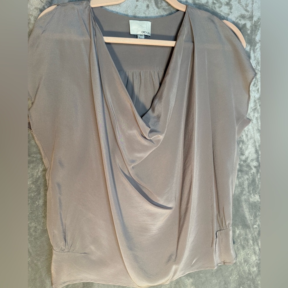 Greylin 100% Silk Taupe Cowl-Neck Satin Blouse‎ Quiet Luxury Office